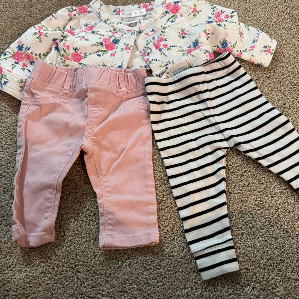3 Piece LOT of Girls Size 0-3 Months Cardigan Top & Pull On Pants Floral Stripe